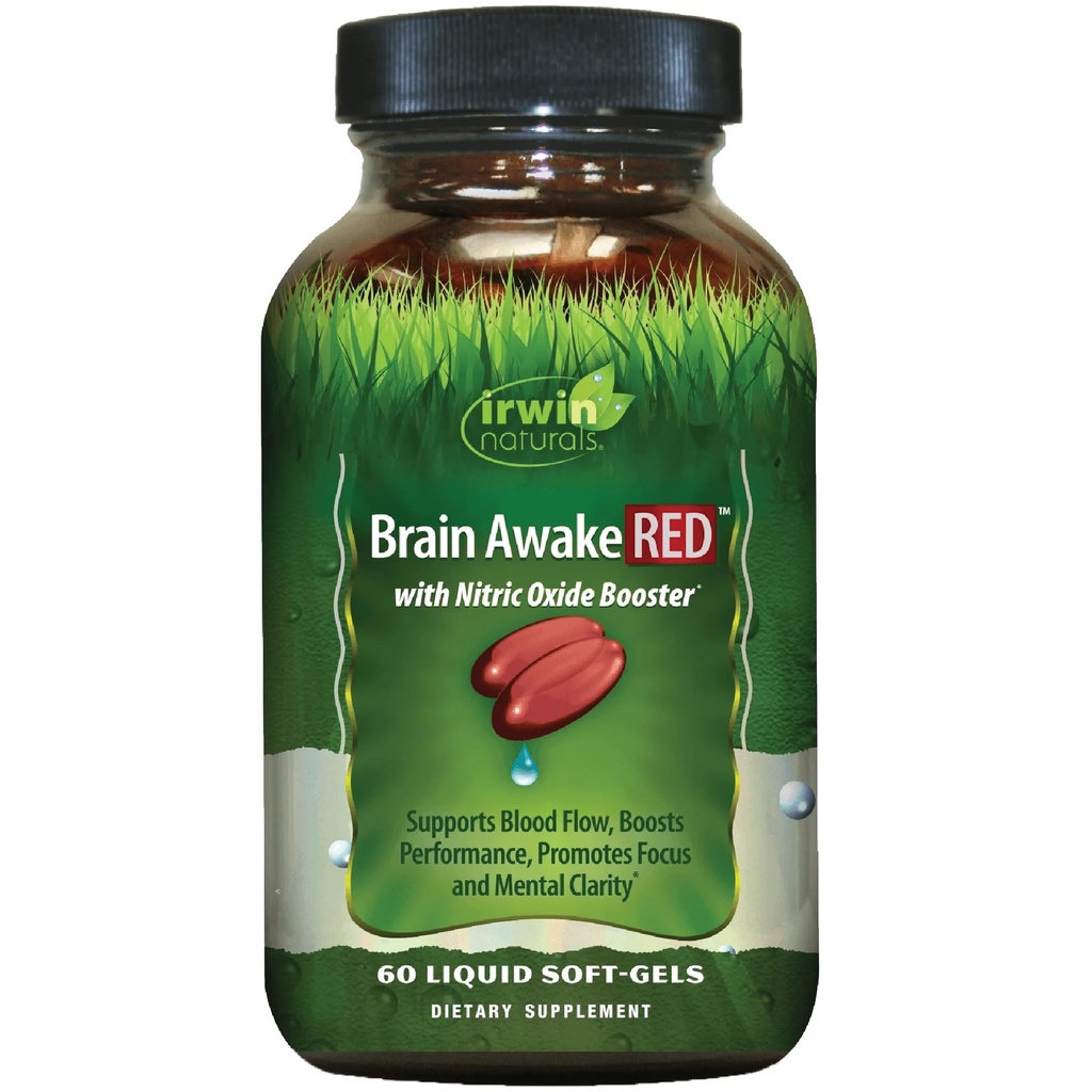 Irwin Naturals Brain Awake RED con Nitric Oxide Booster - 60 Liquid Soft-Gel - Support Brain Health & Optimize Performance - 20 Total Servings