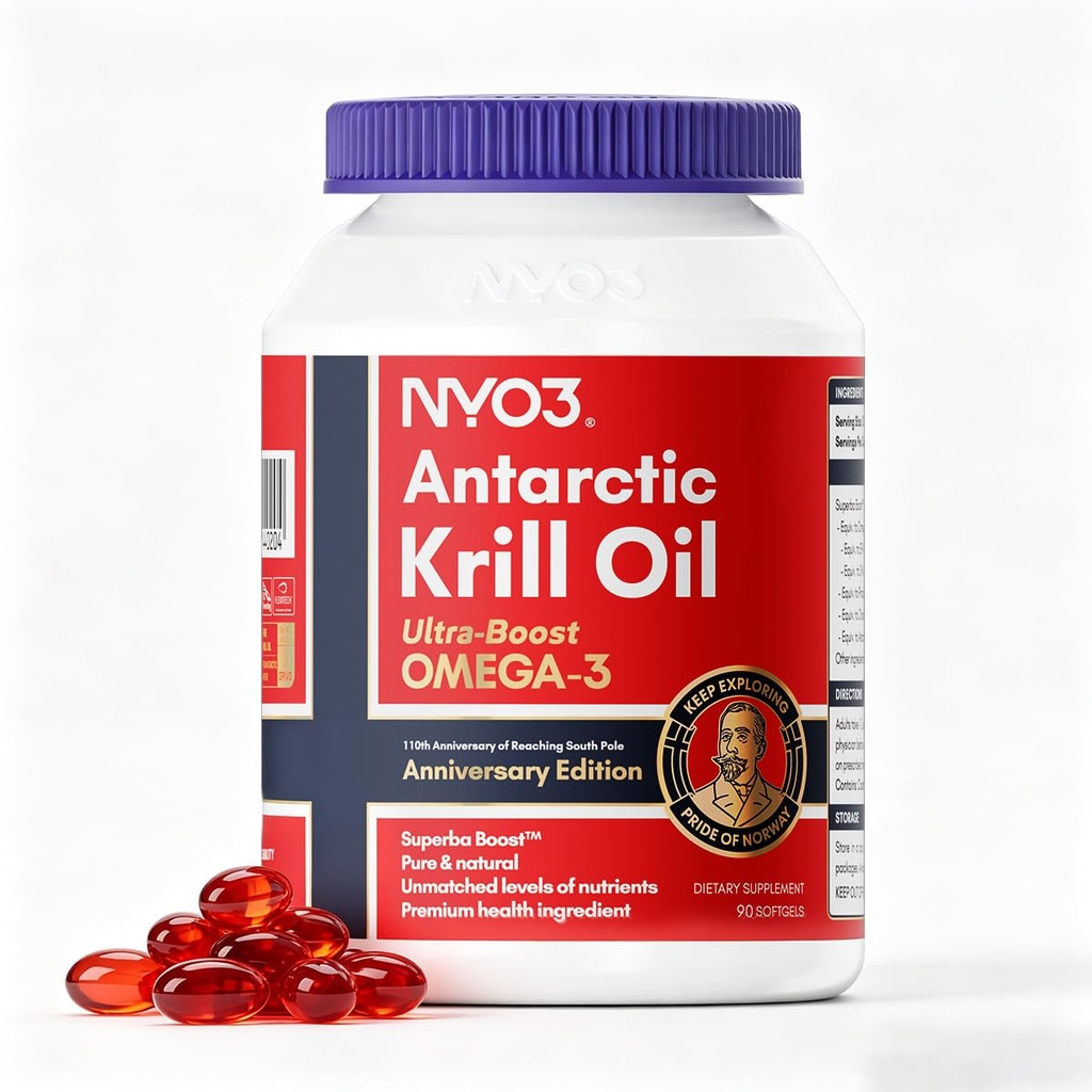 Olio di Krill di NYO3 Omega 3 Supplemento 1000mg 90 Softgels EPA & DHA, Olio di Krill antartico puro con Astaxanthin e 56% Phospholipids Laboratorio Testato