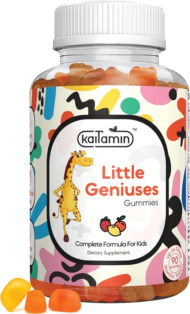 Bambini Multivitaminici Gummies Piccoli Geniuses: Vitamine C, D3, Zinco, Folate, per immunità, intelligenza, messa a fuoco e crescita. Vegan, Non OGM, Organico, Gluten-Free| 90 Gummies 3 mesi di fornitura
