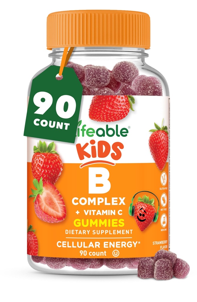 Complesso vitale di vitamina B per i bambini | con VIT C | Gummies Complesso B di grande degustazione | Vegan Kids B Complex | Energy and Nerve Support | 90 Gummies