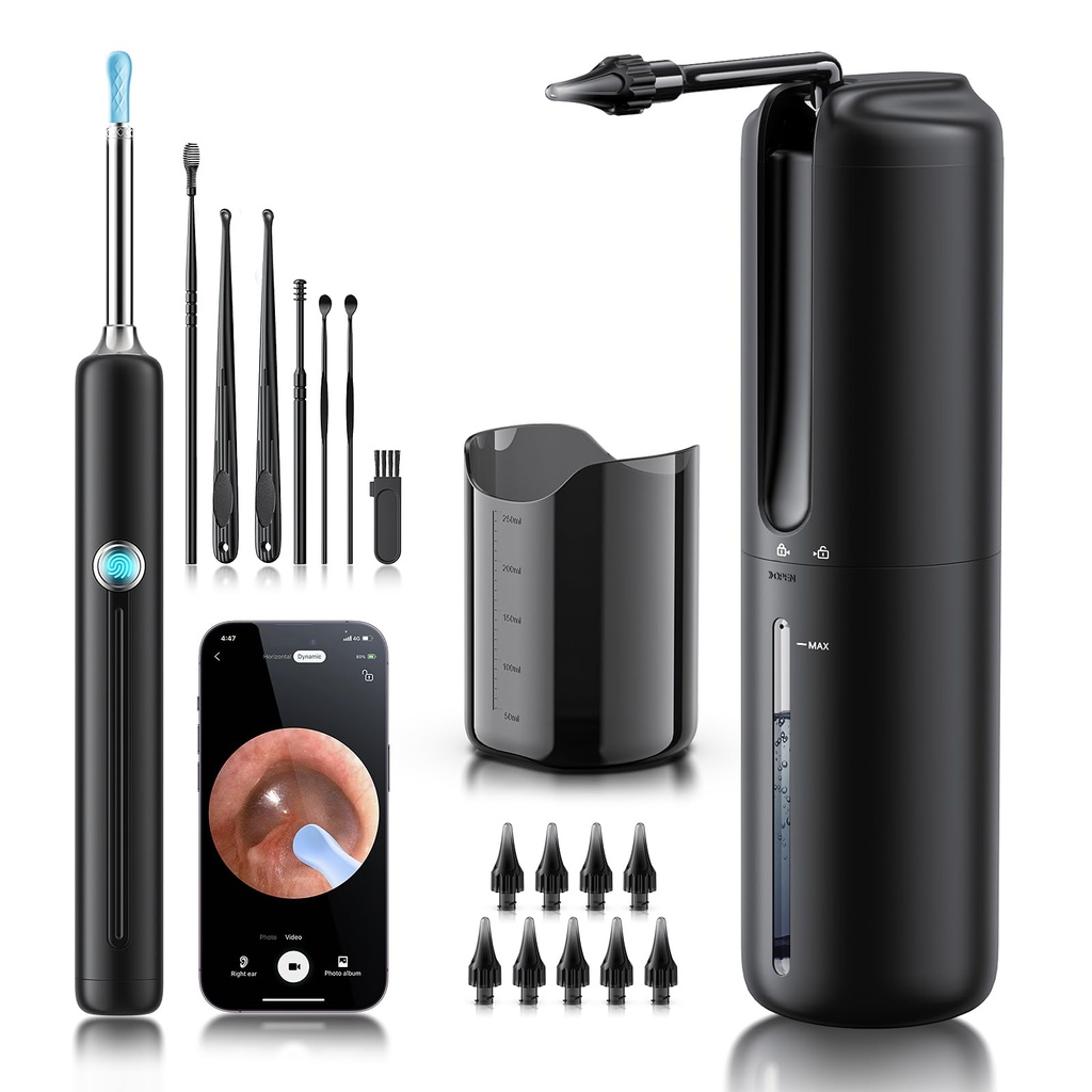 Ear Wax Removal - Ear Ear Irrigation Flushing System con 4 modalità di pressione, Ear Cleaner con fotocamera, 1080P Otoscope, Ear Cleaning Tool con 7 Pcs Ear Set, Safe and Effective Earwax Removal Kit