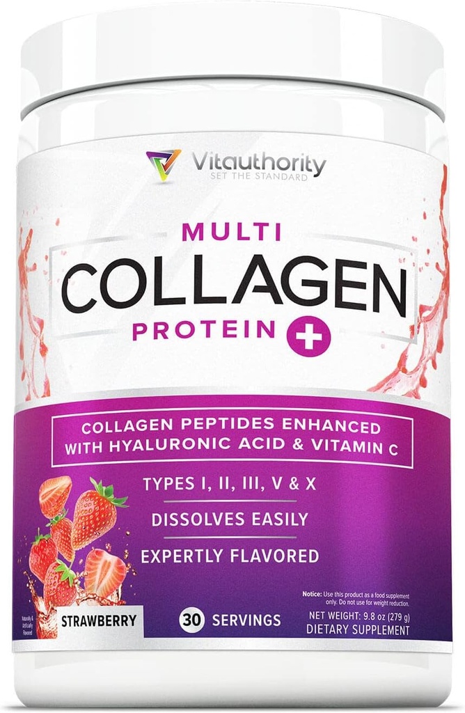 Peptidi multi collagene polvere per le donne - Polvere di collagene aromatizzata idrolizzata per le donne con tipi I II III V & X Vitamina C & Acido ialuronico per la pelle e le unghie dei capelli (Strawberry) - 30 Serve