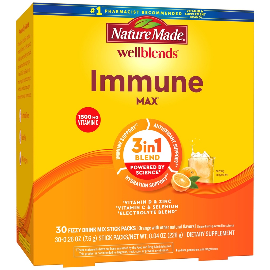 ImmuneMAX Fizzy Drink Mix, Vitamina C 1500mg, Zinc 15 mg, Vitamina D3 1000 IU (25 mcg), oltre B Vitamine ed Elettroliti miscela di idratazione, 30 Stick Pack