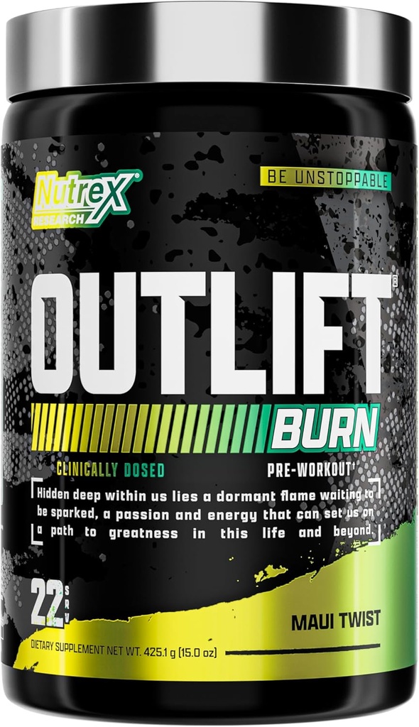Nutrex Outlift Burn Pre-Workout Integratore per Energia, Focus & Endurance | Metabolyte, L-Citrulline, Beta-Alanine & Caffeine | Formula termogenica per prestazioni (22 Serve, Maui Twist)