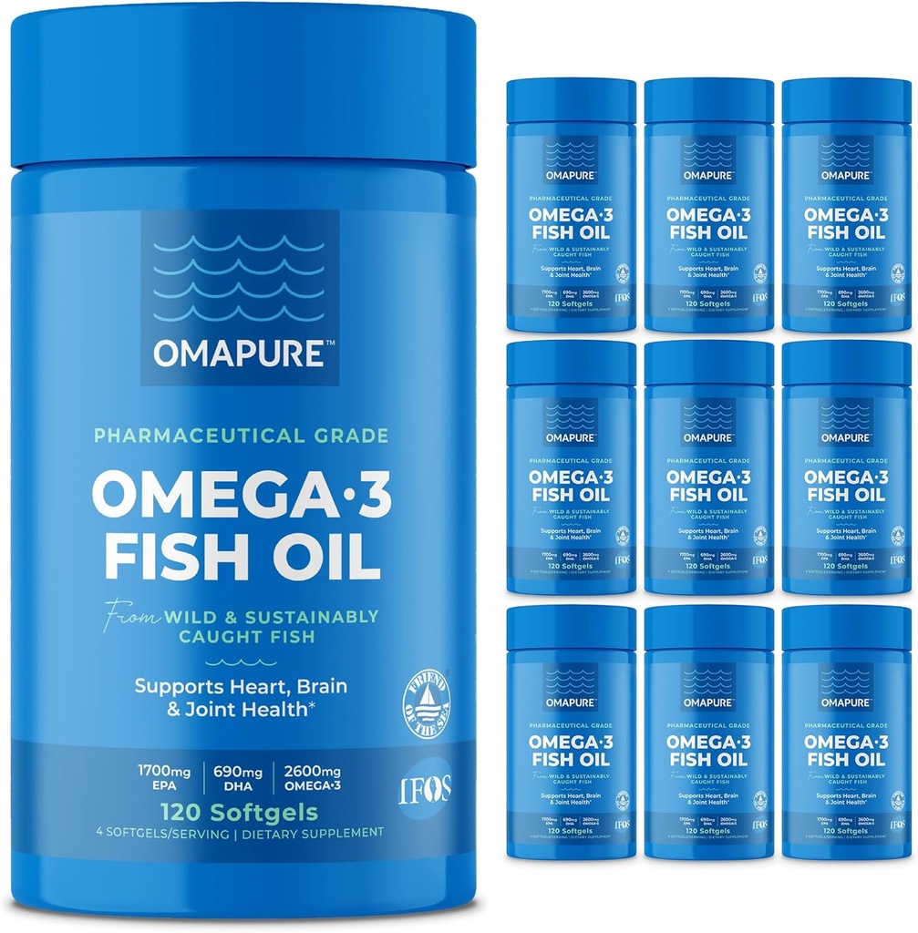 OMAPURE Wild Caught Omega-3 Integratori con Alta EPA & DHA (10 Bottiglie, 120 Softgels) - Formula Burpless Supporta cuore e salute comune, promuove la funzione del cervello
