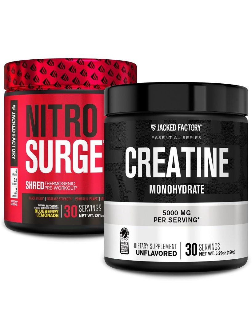 Jacked Factory NITROSURGE Shred Pre Workout Supplement (Blueberry Lemonade, 30 Serve) & Creatine Monohydrate Powder (Unflavored, 30 Serve)
