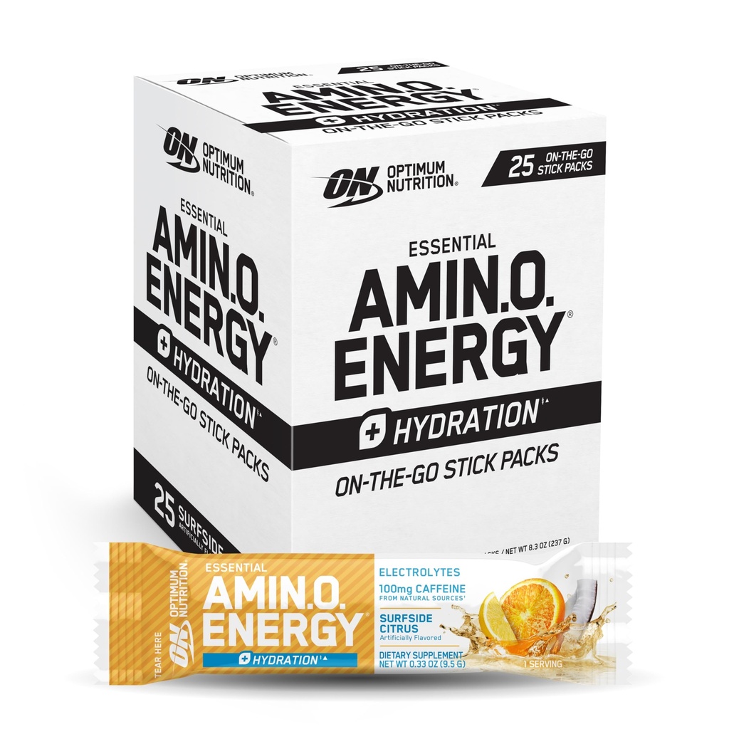 Optimum Nutrition Amino Energy Plus Hydration Packets, On-The-Go Caffiene Stick Packs, Citrus Surfside, 25 Count