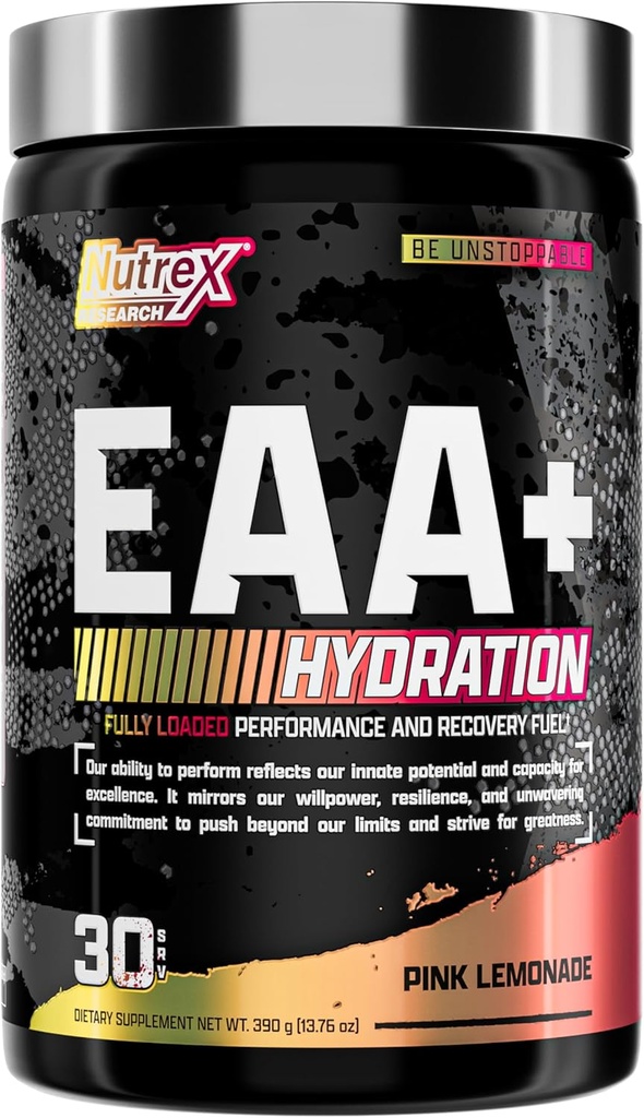 Nutrex Research EAA Hydration | EAAs + BCAA Powder | Muscle Recovery, Strength, Muscle Building, Endurance | 8G Essential Aminoacidi + Electrolytes | (Packaging My Vary) 30 Servings (Pink Lemonade)
