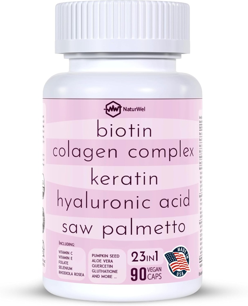 Collagen 1000mg Rhodiola Rosea 2500mg Biotina 10.000mcg, Acido Ialuronico, Bloccante DHT, Vitamina C & E, Acido Folico, Aloe Vera, Quercetin, Tè Verde, Keratin, MSM - 90 Conte (90 Conte (Pack of 1))