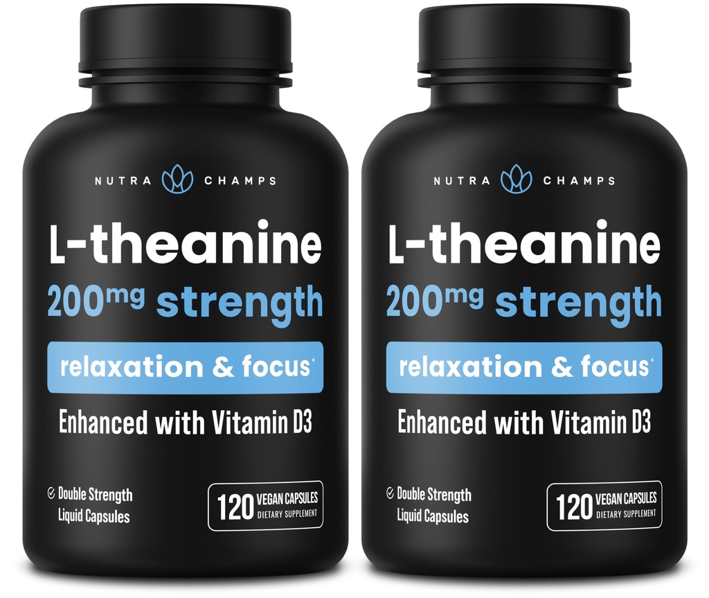 NutraChamps L-teanina 200mg Capsule, Doppio Strength L-teanina Liquido con vitamina D3, Olio di cocco biologico, 120 capsule vegane (Pack of 2)