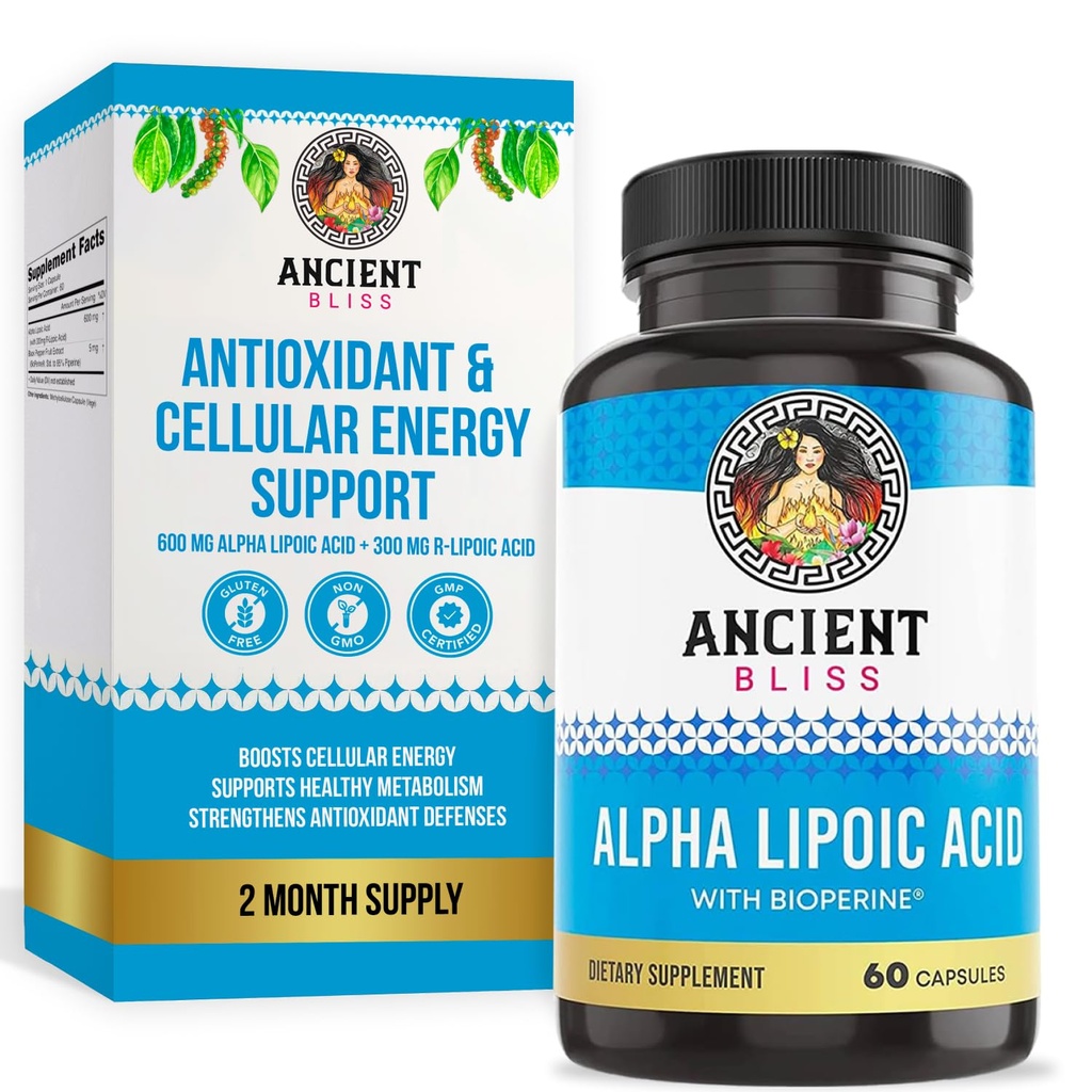 Antica Bliss Alpha Lipoic Acid Supplemento, Antiossidante ed Energy Support, ALA Supplemento con Bioperine, Senza Glutine e Soia, 600mg per porzione, 60 Vegan Capsule