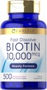 Carlyle Biotin 10.000mcg | 500 compresse di dissolve rapida | per capelli, pelle e unghie | Forza massima | Vegetariano, Non OGM, Integratore senza glutine