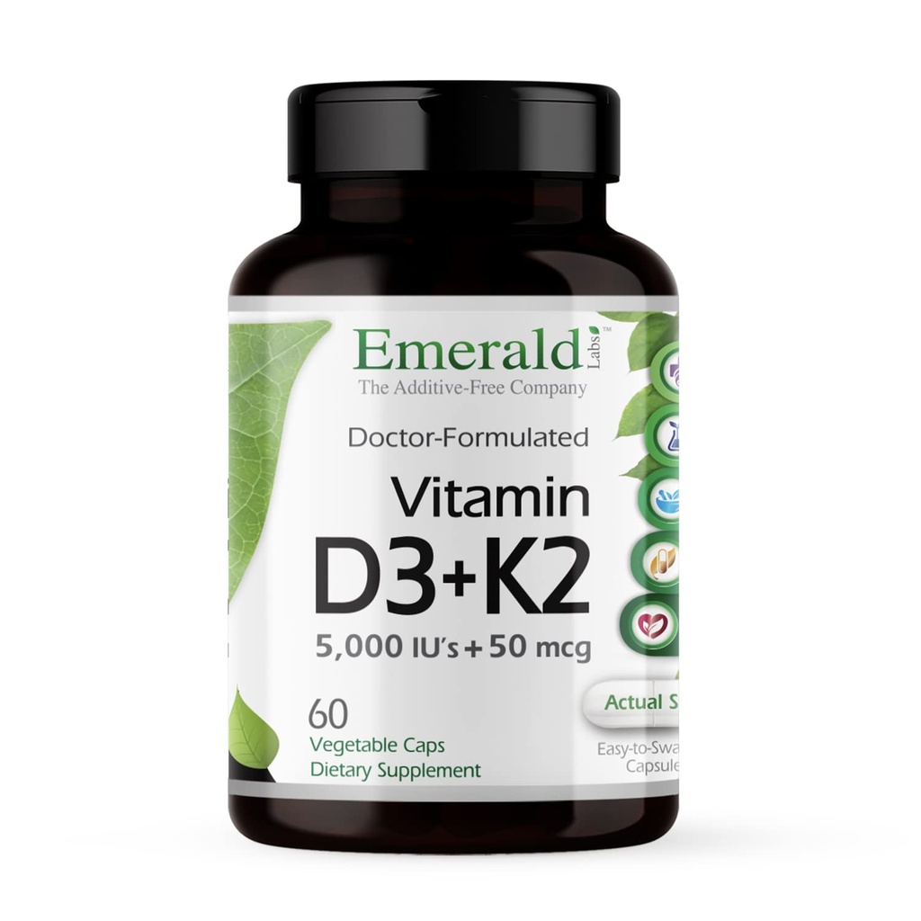EMERALD LABS Vitamina D3+K2 - Vitamina D & VitalDelta MK-7 per Bone Health & Heart Support* - Vegetariano, Gluten-Free, Potency Clinica - 60 capsule vegetali