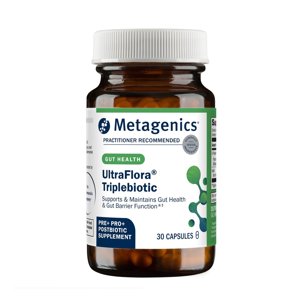 Metagenics UltraFlora Triplebiotic - Shelf-Stable Supplemento digestivo con Akkermansia per la salute del fegato, Microbiome e supporto immunitario* - Contiene Prebiotici, Probiotici e Postbiotici - 30 capsule