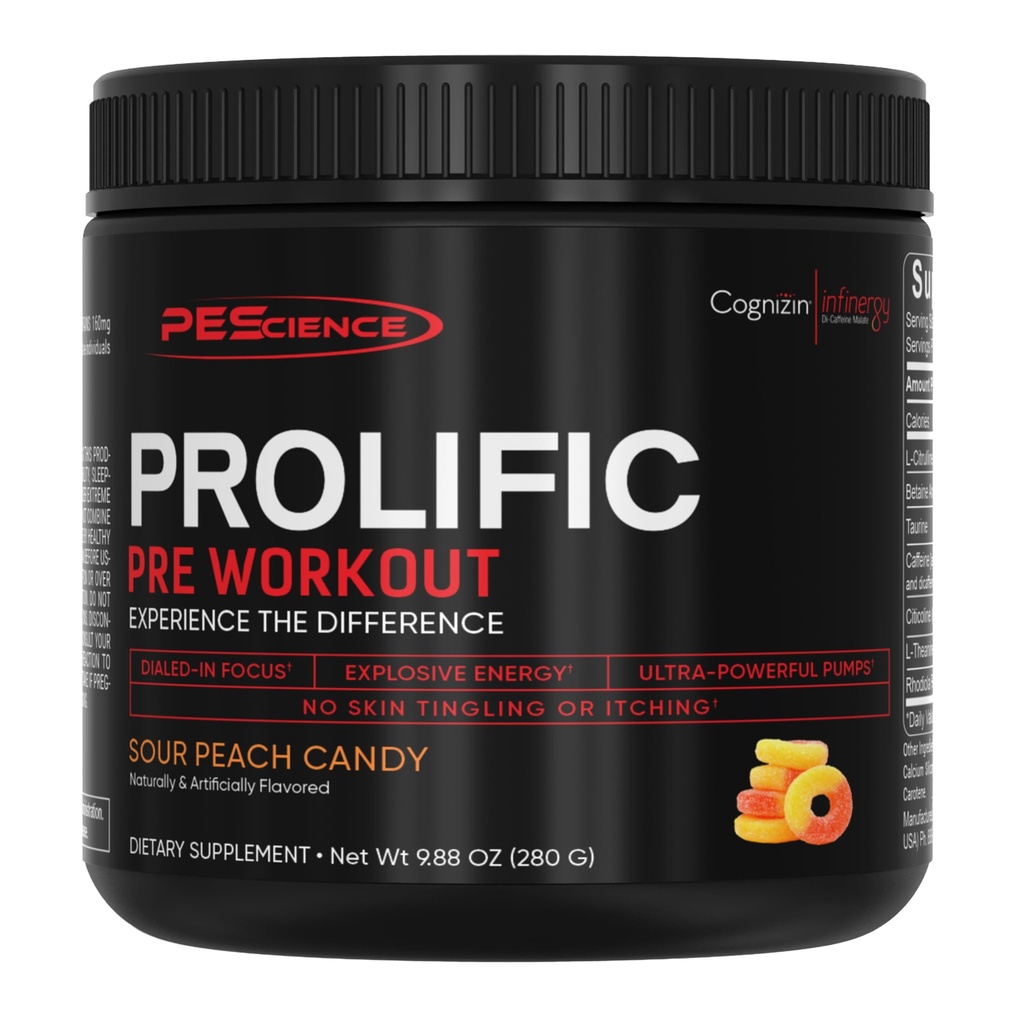 PEScience Prolific Pre Workout Polvere per uomini e donne con L-Citrulline Nitric Oxide Booster, Energy Powder & Nootropic for Focus – Preworkout Senza Beta Alanine – 40 Scoops, Sour Peach Candy