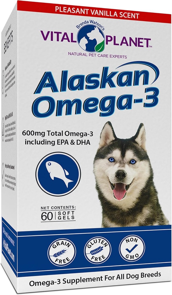Vital Planet - Alaskan Omega-3 Fish Oil Supplemento per i cani con 600mg di Omega-3, Alta in DHA e EPA da Sustainable Harvested Wild Caught Cold Water Fish, 60 Vanilla Softgels