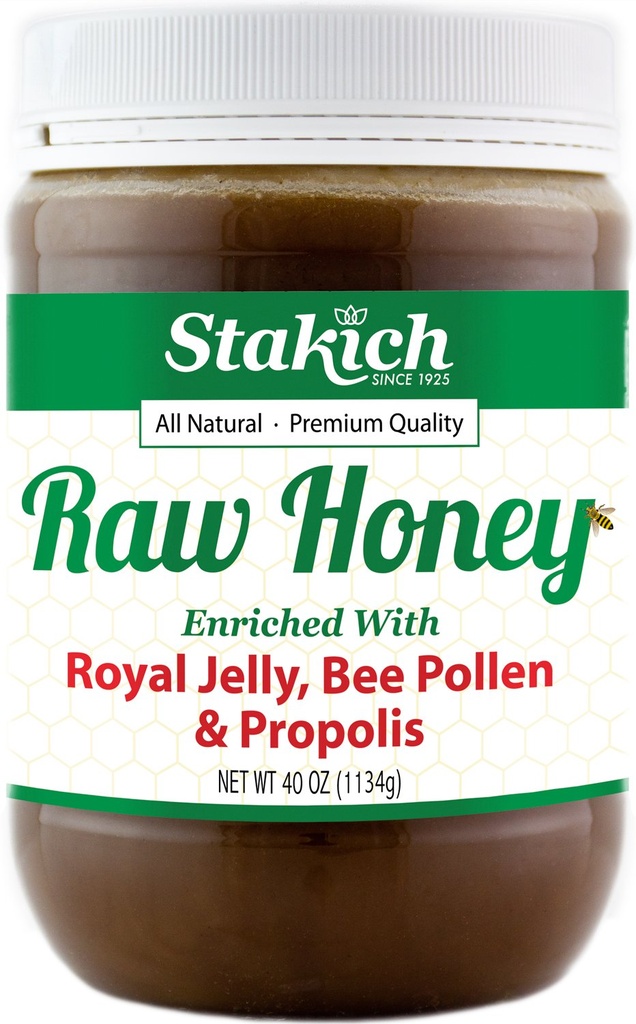 Stakich Royal Jelly, Bee Pollen, Propolis Raw Honey - Pure, Unprocessed, Unheated - 40 once