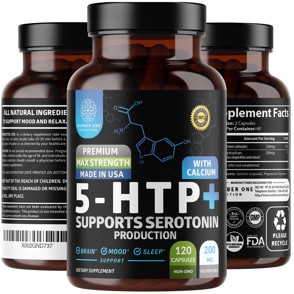 N1N Premium 5-HTP 200mg Plus Calcium, Fatto da Griffonia Seed Extract, Non OGM e Gluten Free, 120 Caps