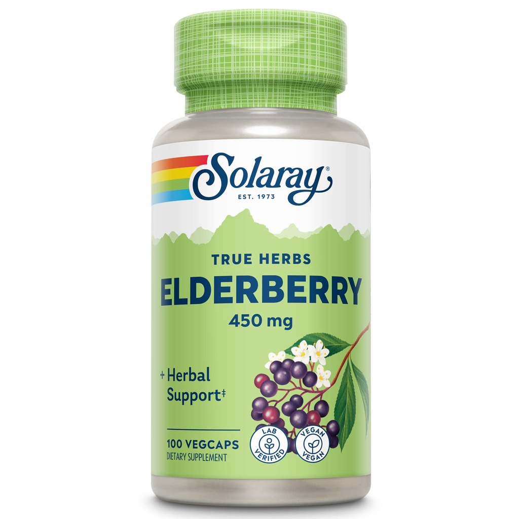 SOLARAY Elderberry Berry & Flower 450mg | Supporto per il benessere generale durante i mesi freddi | con flavonoidi e composti fenolici | Non OGM | 100ct