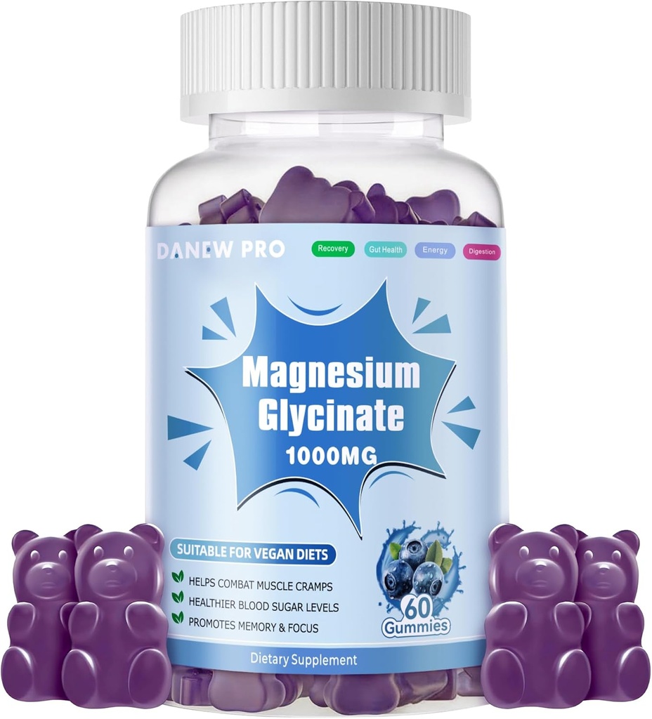 Magnesio Glycinate Gummies 1000mg - Zucchero Gratuito Magnesio Potassio Supplemento con Vitamina D, B6, CoQ10 per Calma Mood & Sleep Support - 60 Blueberry Gummies