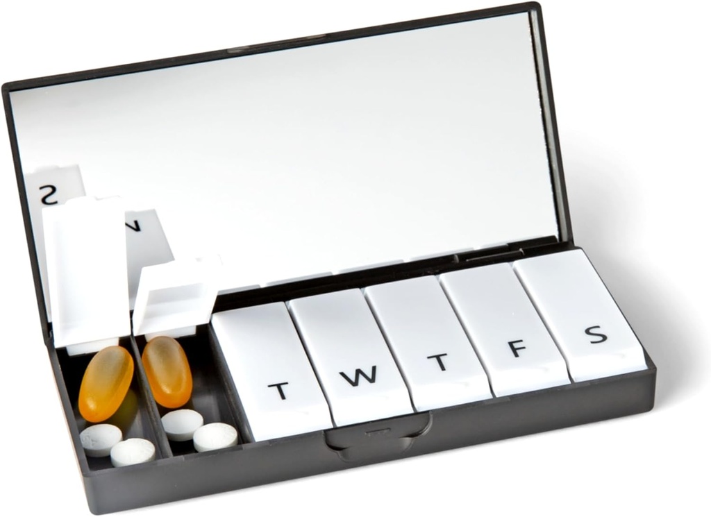 PORT X POLISH Designer Weekly Pill Box Organizer (Single 1X Daily, Classic Black) | Compact, Elegante 7-Day Vitamin Supplement Case | Carino Portable Mini Travel Medicine Carrier | BPA-Free Pillbox Caddy