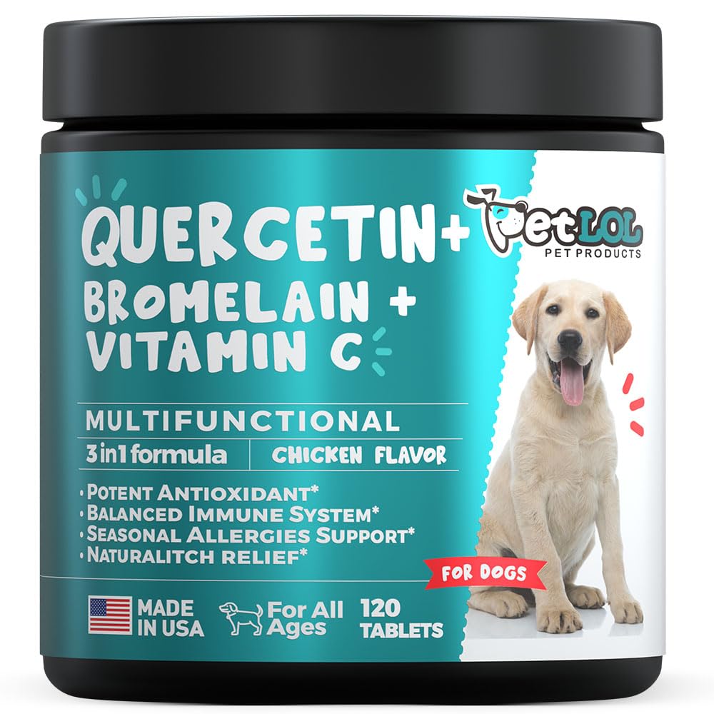 Quercetina per cani con Bromelain & Vitamina C - Allergy & Itch Relief, Supporto Immune & Inflammatory - 120 compresse masticabili Made in USA