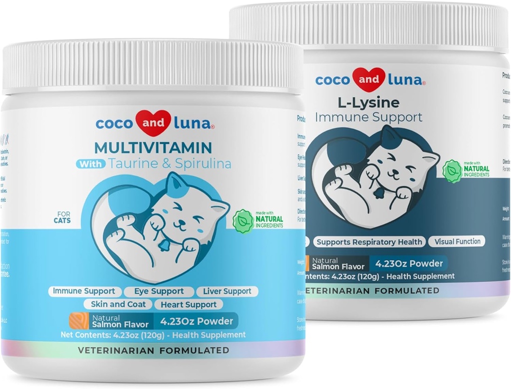 Lysine + Multivitaminico per Gatti - Supporto immunitario, Salute della pelle e del cappotto, Supporto degli occhi - con EPA e DHA, Taurina e Spirulina