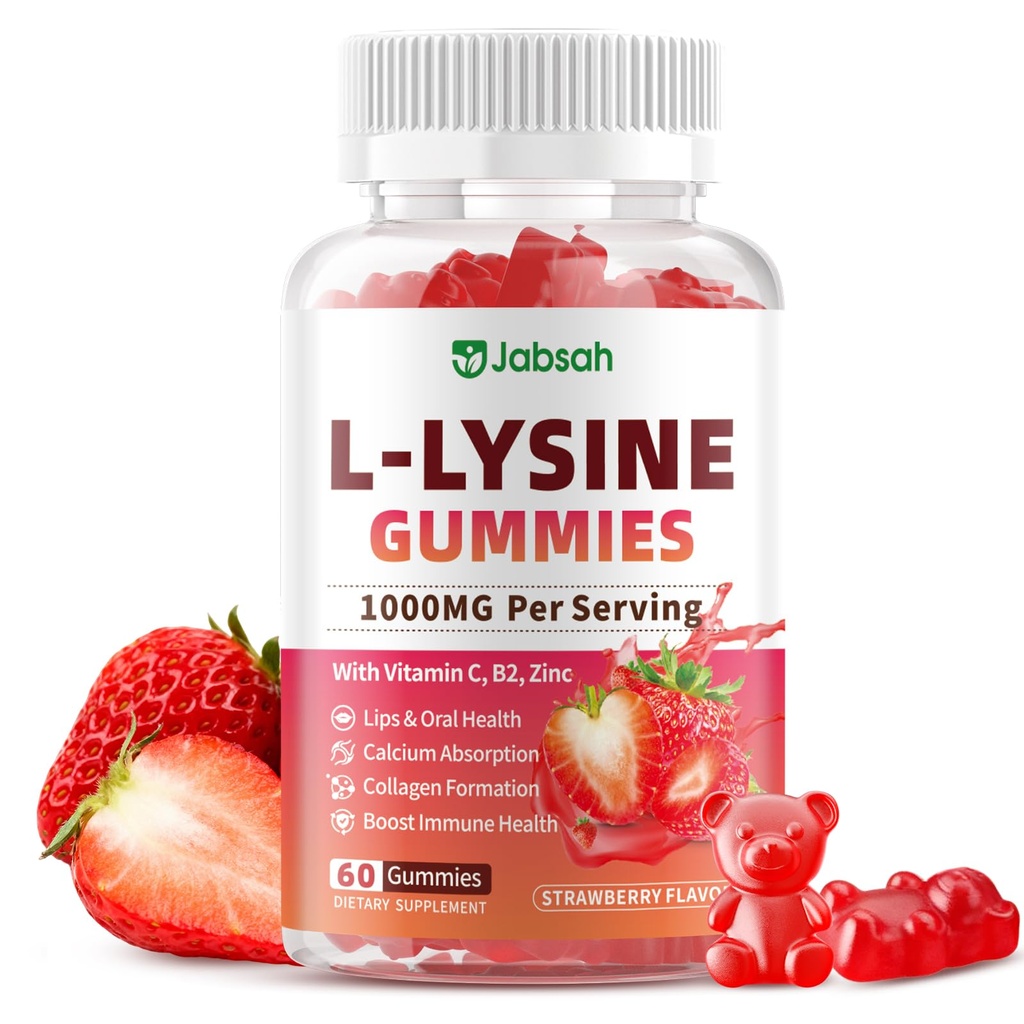L-Lysine Gummies 1000 mg for Kids and Adults, L-Lysine Supplements with Vitamin C, B2 for Lips & Oral Health, Immune Support & Collagen & Calcium- Vegan, Strawberry Flavor, 60 Count