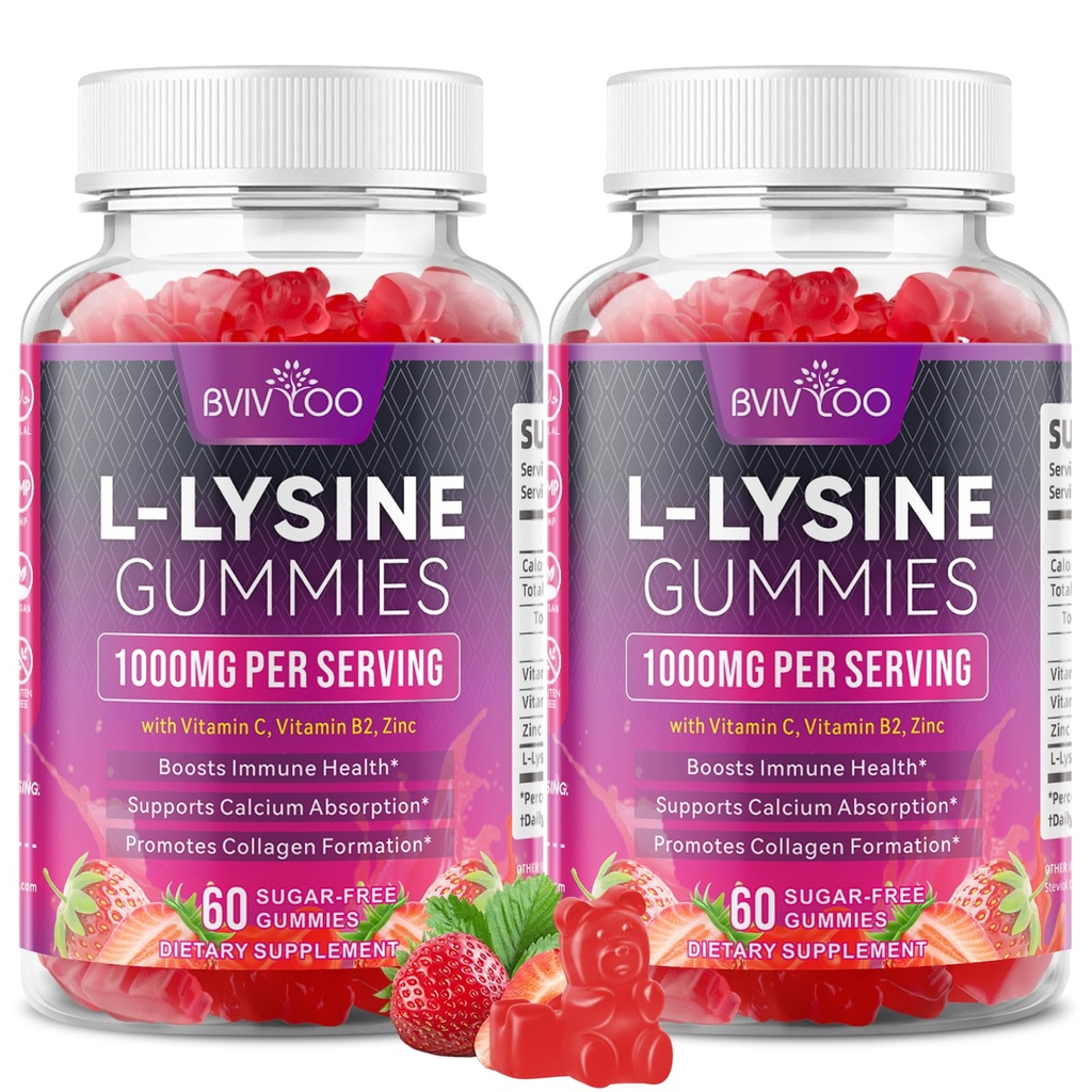 2 Pack L-Lysine 1000mg Gummies for Immune Support & Skin Health - High Potency Vegan Gummies, Sugar-Free, Natural Berry Flavor, Gluten-Free Chewable Supplement for Adults & Kids - 120 Gummiess