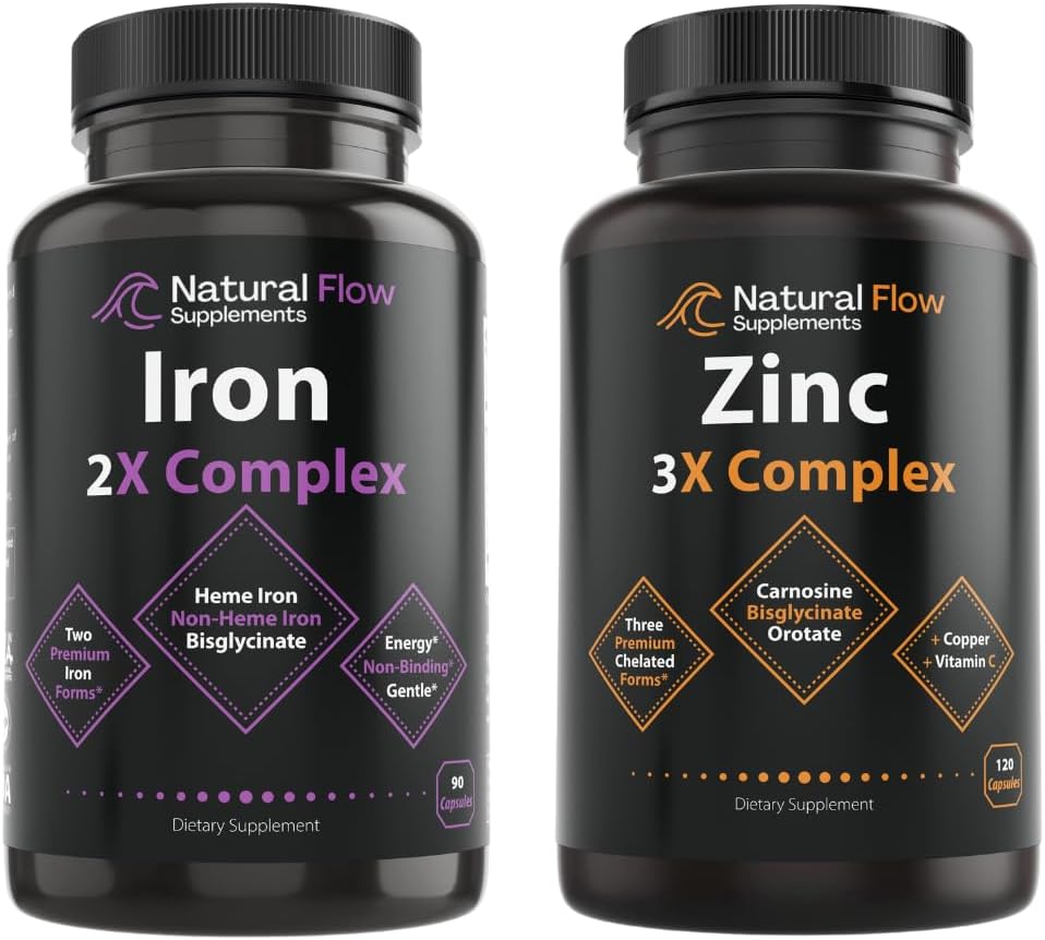 Complesso di integratori di zinco con rame e vitamina C - Flusso naturale 3X Zinc Carnosine e Ferro Supplemento 2-in-1 Complesso completo - Flusso naturale 2X Heme e Bisglicinato di ferro non emelato