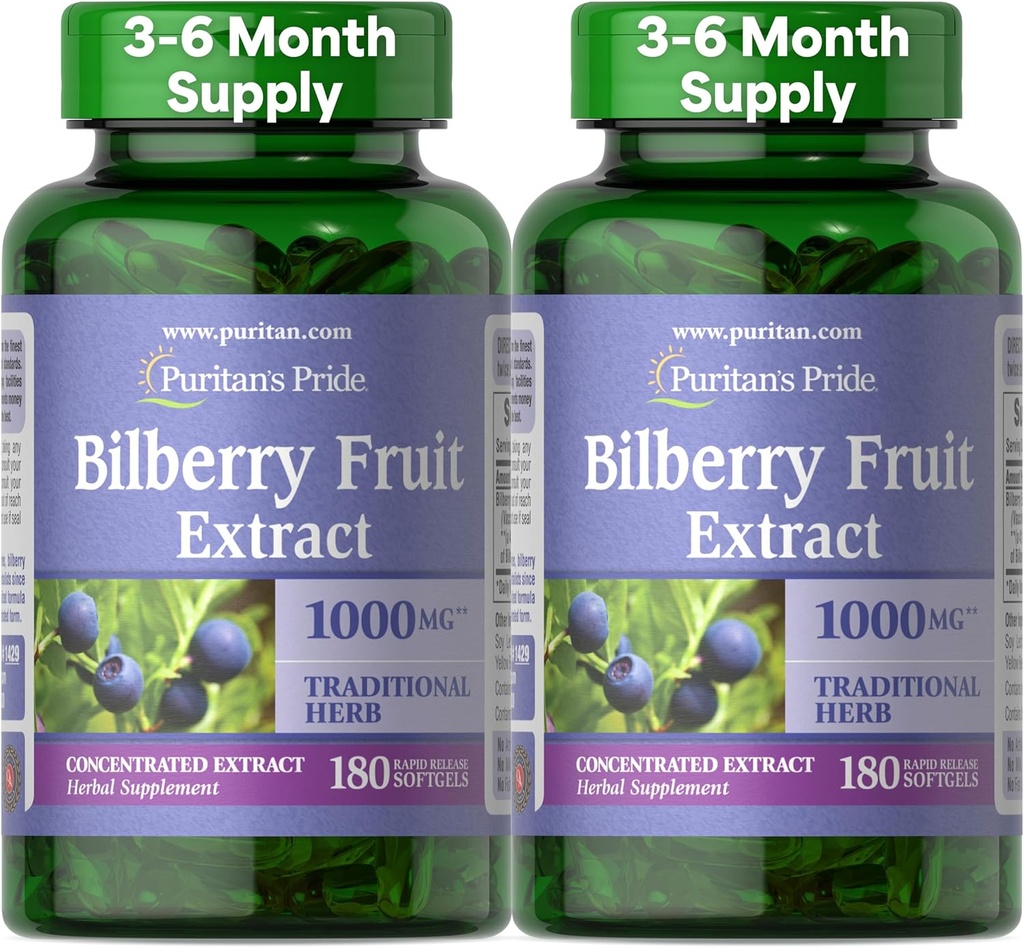 Puritan Pride Premium Bilberry Fruit Extract 250 mg (equivalente 1000mg), 4:1 Concentrato Integratore di erbe tradizionali, Vitamina C, Alimentazione da 3 a 6 mesi, 180 Rapid Release Softgels 2-Pack
