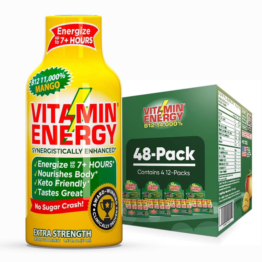 Vitamina Energy B12 11.000% Extra Strength Energy Shot Mango 48 Pack, 260mg Natural Caffeine, B12 & B6, Nootropic Focus, Vitality, Zero Sugar, Gluten-Free, Vegan, Kosher, 1.93 fl oz