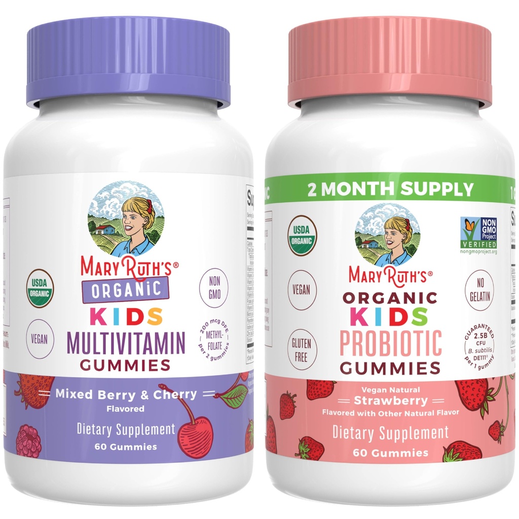 MaryRuth Organics Gummies for Kids–Multivitamin (Mixed Berry & Cherry), & Probiotic (Strawberry) | USDA Organic, No Gelatin! | Vitamine per Immunità, Salute Gut, &amp; Benessere generale | Vegan, Non OGM