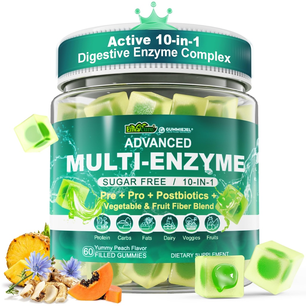 Enzimi digestivi Gummies per le donne e gli uomini, Multi-enzimi con 90 miliardi di CFU Probiotici e Prebiotici & Postbiotici, Verdura & Frutta Fiber Blend, Super enzimi per la salute digestiva & Gut,Immune,60Cts