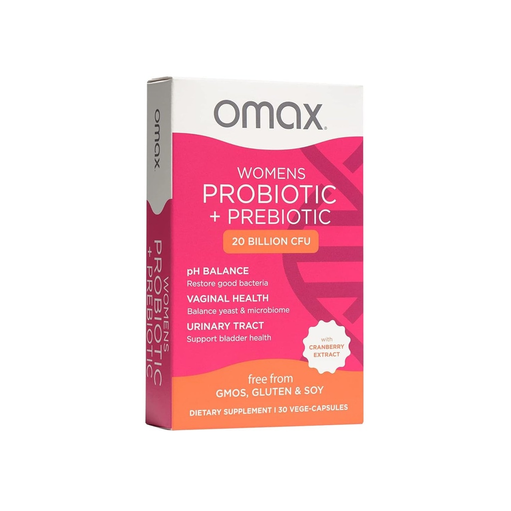 Omax Salute Prebiotici e Probiotici Complesso per le donne, pH Balance, Vag Salute, Tratto urinario, Prevenzione Yeast & BV, Lactobacillus & Bifidobacterium | Vegan, Organico, Gluten Free | 30 Vege-Capsules