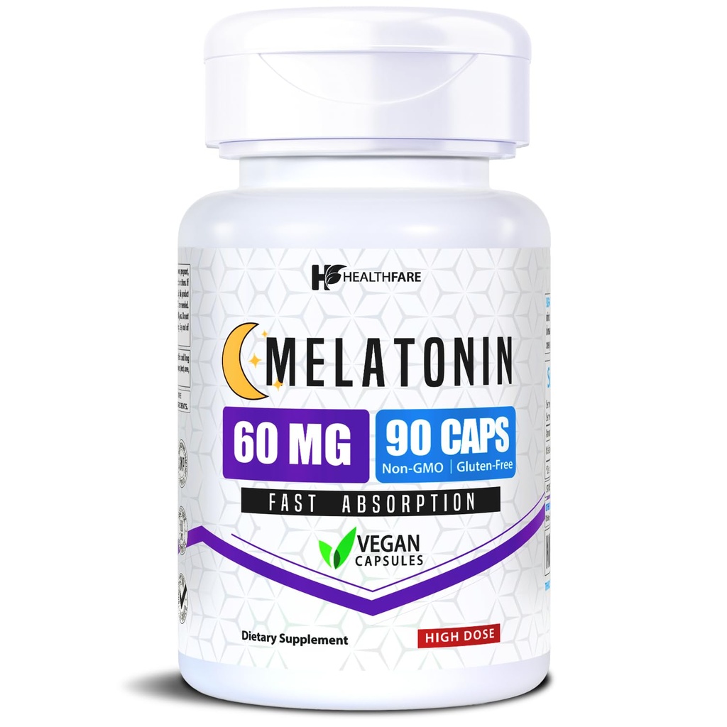 Healthfare Melatonin 60mg | 90 Veg Capsules | High-Strength Formula | Vegetarian, Non-GMO, Gluten-Free | Made in the USA