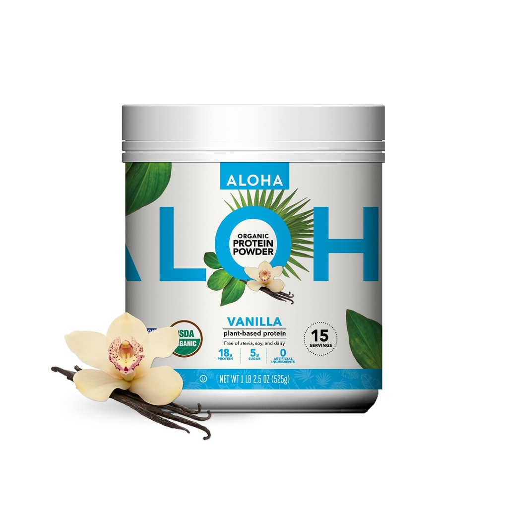 ALOHA Organic Plant Based Protein Powder, Stevia Free, Vanilla, 19.6 oz, 15 Serve PACKAGING MAY VARY