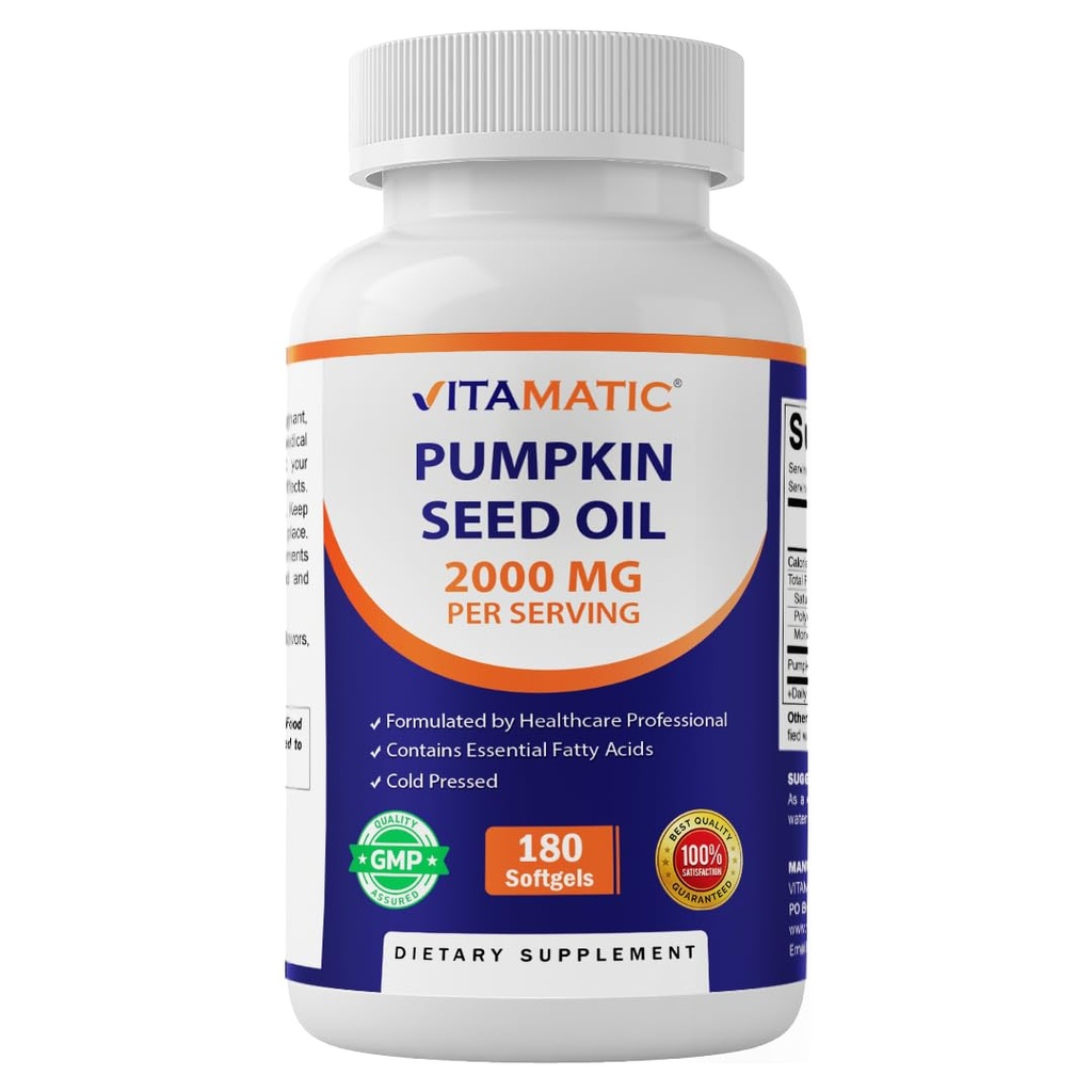 Vitamatic Pumpkin Seed Oil 2000mg Softgel Capsule per Serve - 180 Softgels - 1000mg per softgel