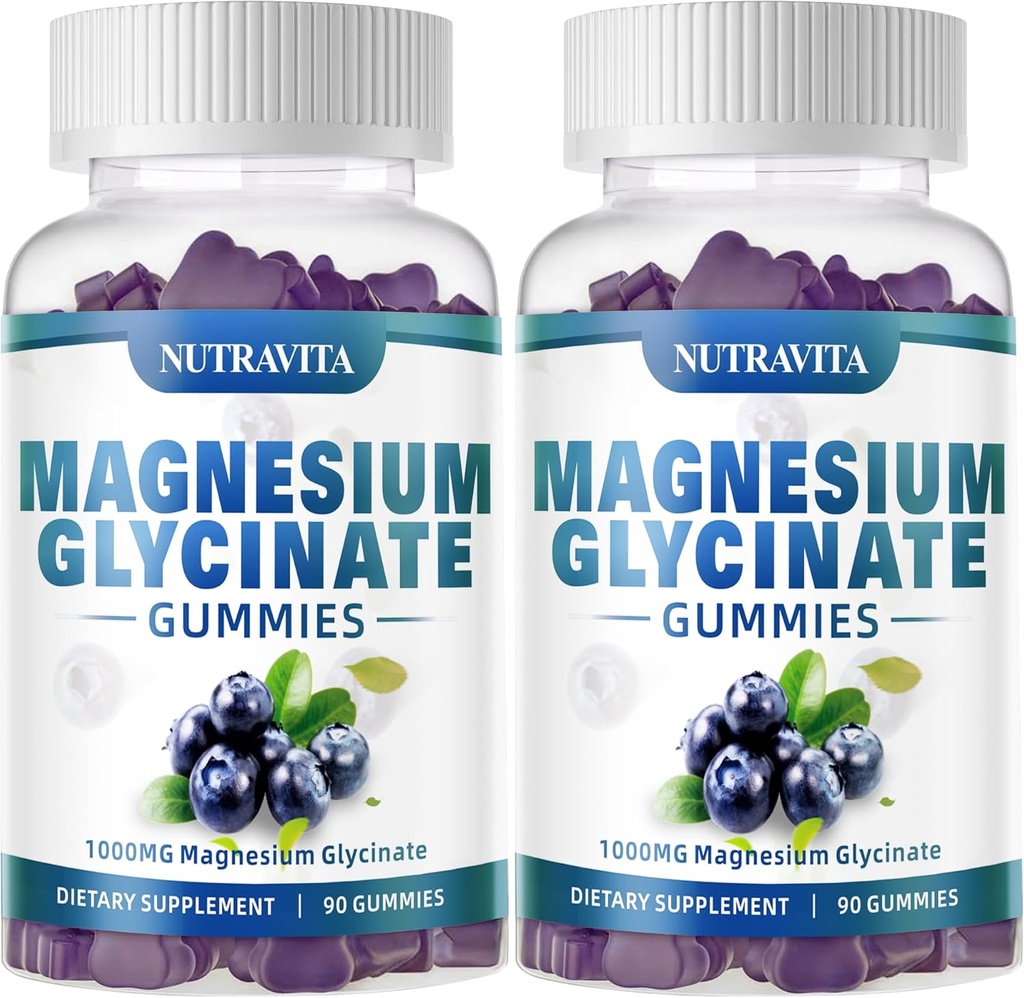 Magnesio Glycinate Gummies 1000mg con Magnesio L-Threonate,Chelated Magnesium Potassium Complex Supplement con VitD, B6, CoQ10, Calcio, Supporti per Memoria, Calma, Mood - 180 Gummies Blueberry
