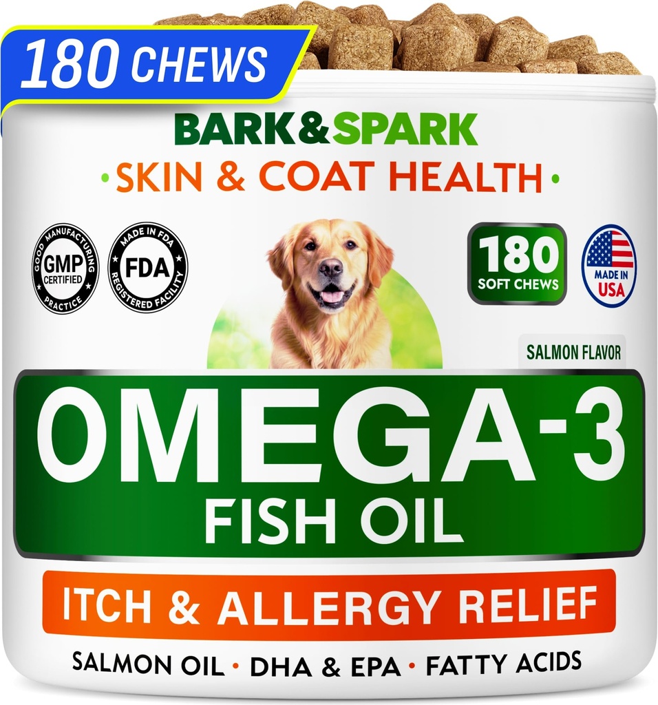 BARK&SPARK Omega 3 per cani - 180 Fish Oil Treats for Dog Shedding, Skin Allergy, Itch Relief, Hot Spots Trattamento - Joint Health - Skin and Coat Supplement - EPA & DHA Fatty Acids - Salmon Oil