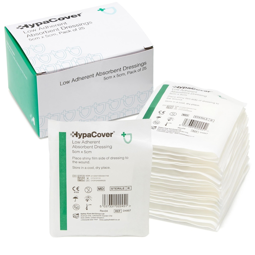 Safety First Aid HypaCover Pack of 25 Low Adherent Dressing, 5cm x 5cm