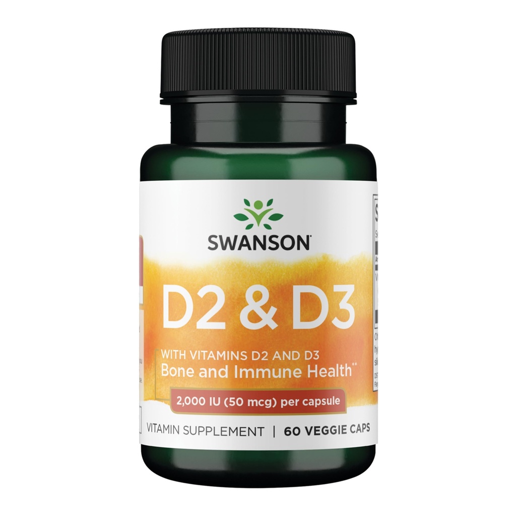 Complesso di vitamina D Swanson con vitamine D2 & D3 - Complesso di vitamina Sunshine completo per Bone, Salute dentale e immunitaria - Supplemento di vitamina (50 mcg, 60 capsule di verdure)