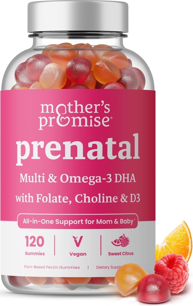 Vitamine Prenatali con DHA | Vitamine Prenatali Vegane per le Donne con Omega 3, Methylfolate, Choline & D3, Vitamine di Gravidanza per lo Sviluppo Fetale | Integratore Multivitaminico Gummy, 120 Conte