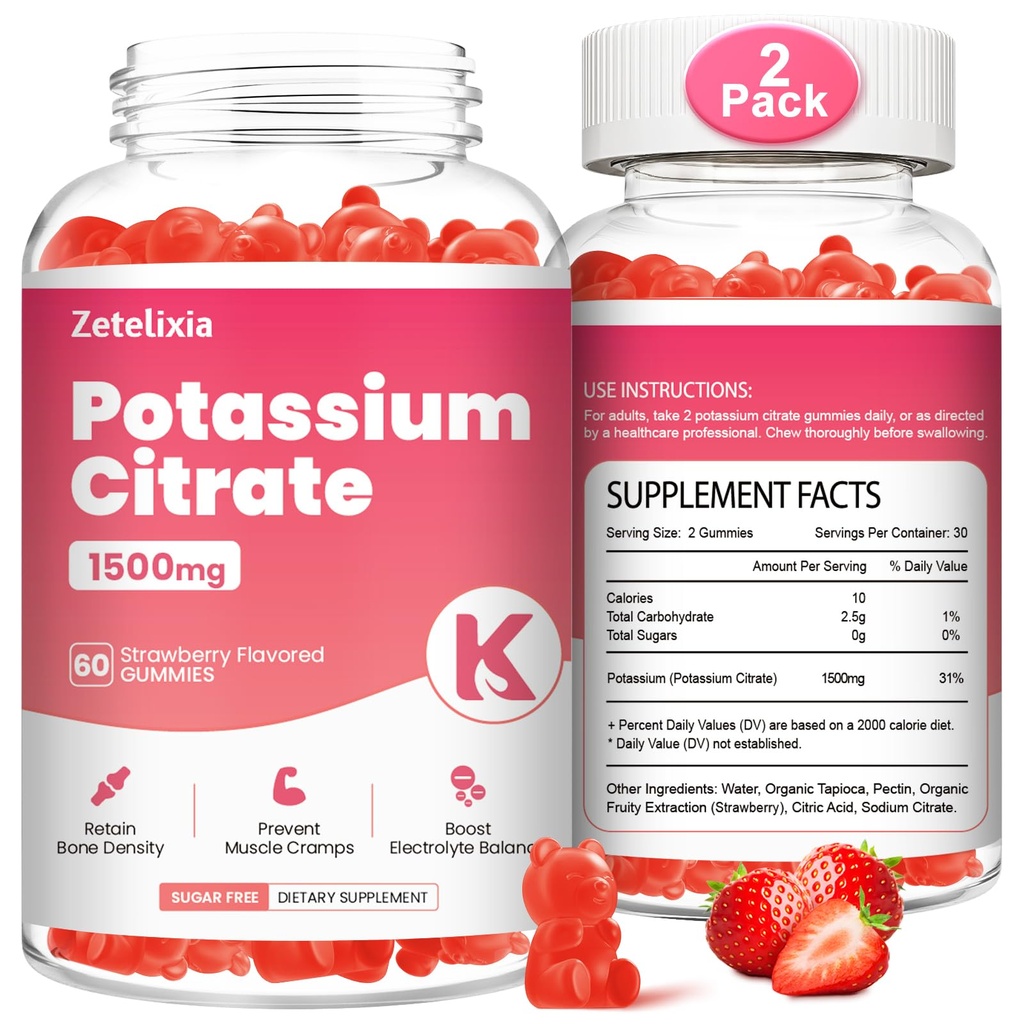 2 Pack Gummie di potassio per adulti donne e uomini, supplemento di citrato di potassio, Crampe di sostegno della gamba, salute del muscolo & equilibrio dell'elettrolita, senza zucchero, organico, vegano, fragola, 120 Cts