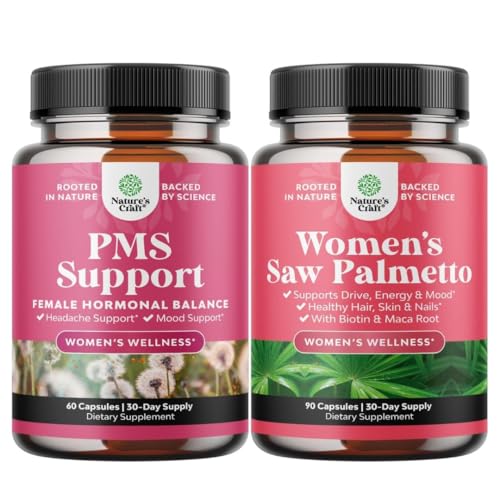 Bundle di PMS Supporto e Saw Palmetto per le donne - Equilibrio di ormone con DIM, Chasteberry, Nero Cohosh & Ashwagandha per periodi Cramps e Saw Palmetto estratto con Maca Root & Biotin per la perdita dei capelli