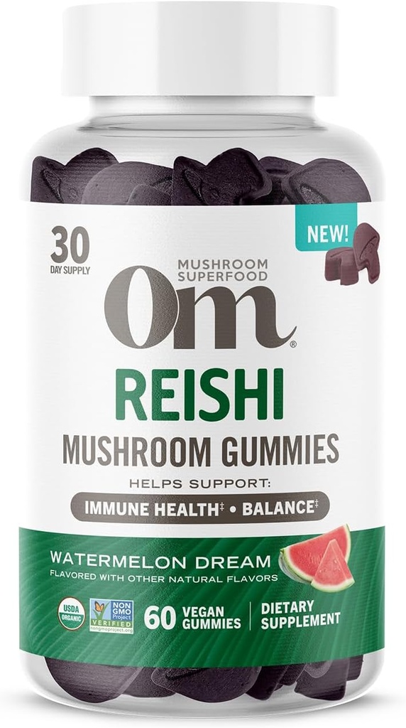 Om Mushroom Superfood Reishi Gummies, Stati Uniti Mushrooms Organico Cresciuto, Supporta Salute Immune, Equilibrio, & Stress, 60 Conte, 30 Servings Gummy Supplements