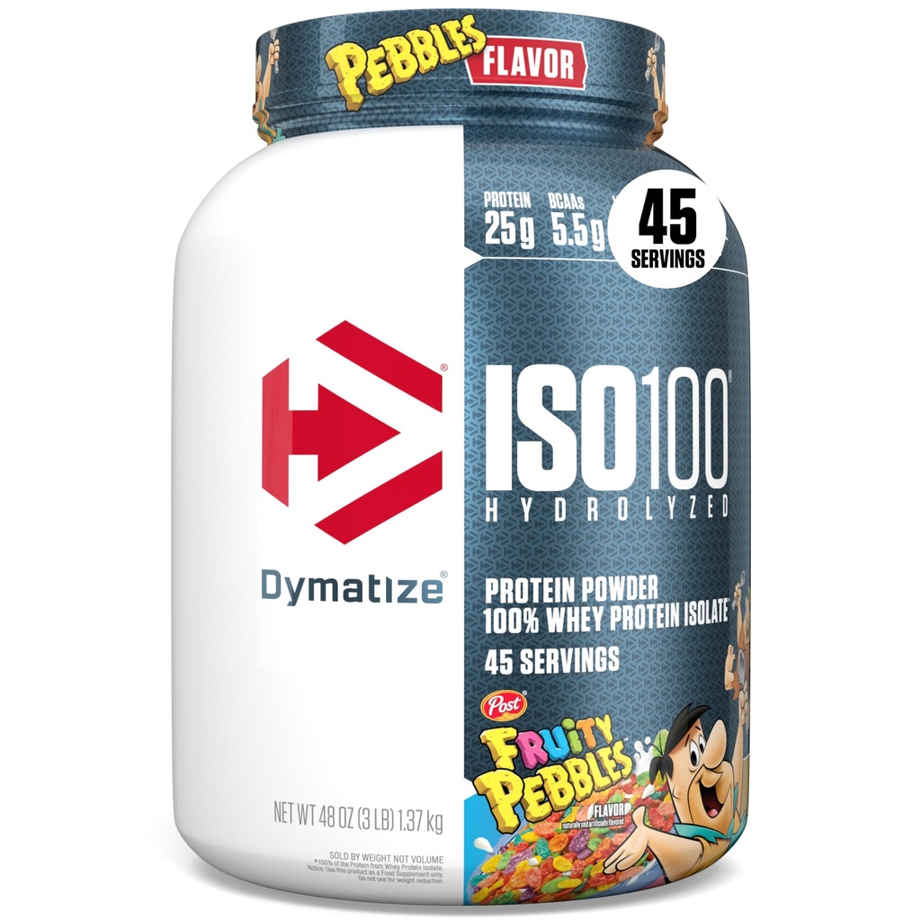 Dymatize x ciottoli fruttati ISO100 Whey Protein Powder Isolate, 25g di proteine, 5.5g BCAAs, 120 Cal., senza glutine, 1g grasso, 1g zucchero, 2g Carb (45 Servings)