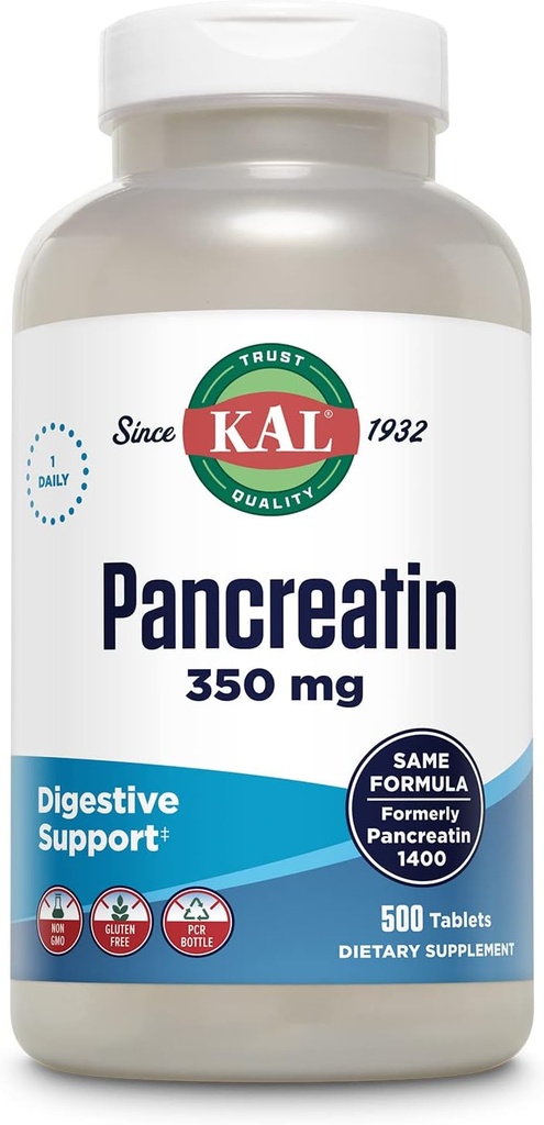 KAL Pancreatin 350mg, Enzimi Digestivi per Donne e Uomini, Enzimi Pancreatici per Supporto Sanitario Digestivo, Gluten Free, Non OGM, Rapid Disintegration, 60-Day Guarantee, 500 Serve, 500 Tablet