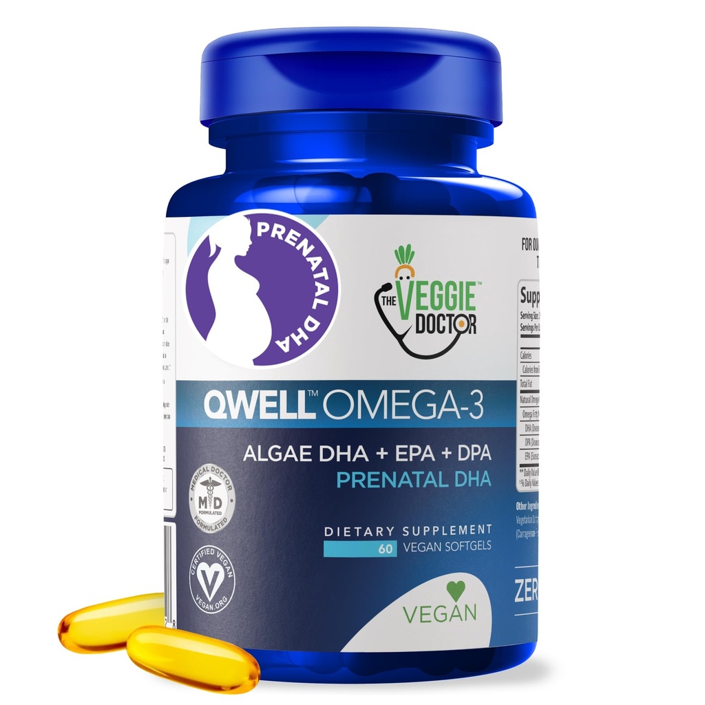 Vitamine prenatali vegane con DHA (60 conte) Omega-3 - Qwell meglio dell'olio di pesce, funzione cerebrale - 820 Mg Alghe DHA & EPA, vitamine prenatali vegane con vitamina E, senza Carrageenan