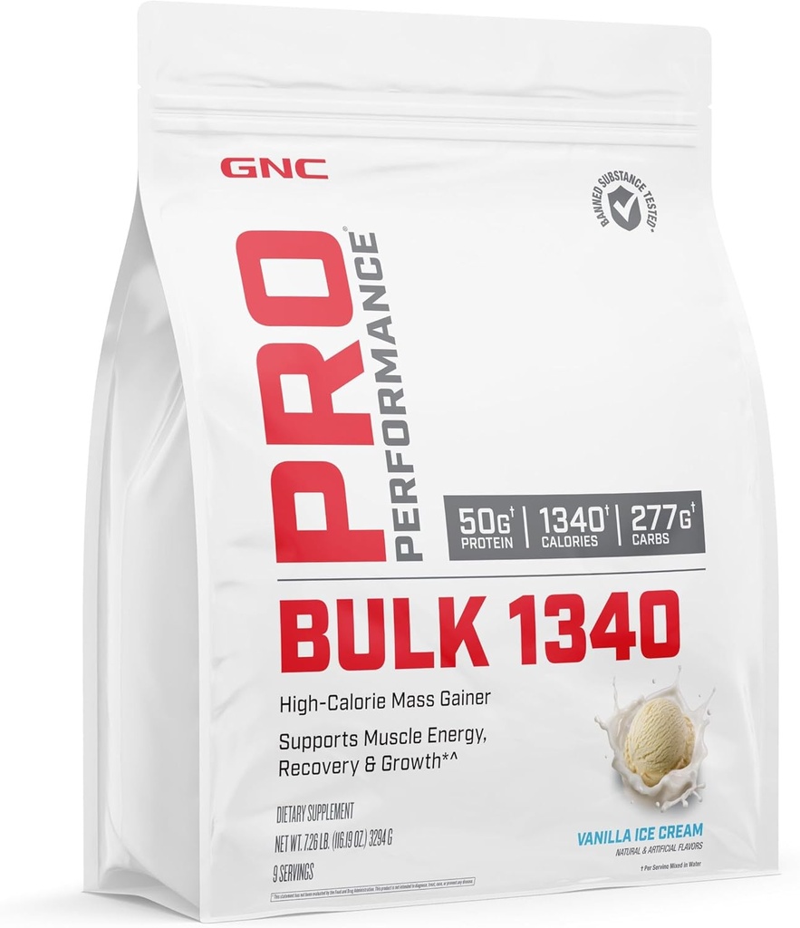 GNC Pro Performance Bulk 1340 Mass Gainer Protein Powder, 50g, Gluten Free, Whey, Creatina, BCAA, 3rd Party Tested, Muscle Recovery & Growth, Micronutrients, Vanilla Ice Cream, 9 Servings